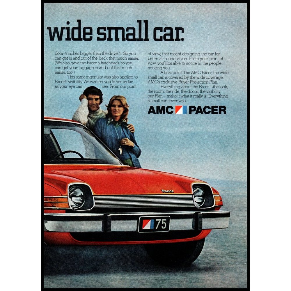 1975 AMC Pacer 2 Door Hatchback 2 Page Vintage Print Ad Wide Small Car Wall Art